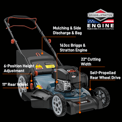 SENIX 22" 163cc Briggs & Stratton Engine Gas Self-Propelled Lawn Mower | SENIX Tools