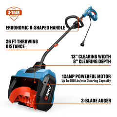 12 Amp 13" Corded Snow Shovel