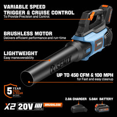 X2 20V Max* Cordless Leaf Blower, Brushless (5.0 Ah Battery & Charger | Leaf Blowers | X2 20V Max* Cordless Leaf Blower | SENIX Tools