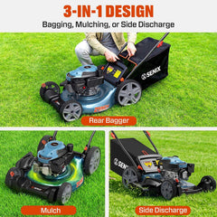 SENIX 3-in-1 Gas Lawn Mower and 20V Cordless String Trimmer & Leaf Blower Combo Kit, 21-Inch 144cc Push Mower with 4.0 Ah Battery & Charger Included