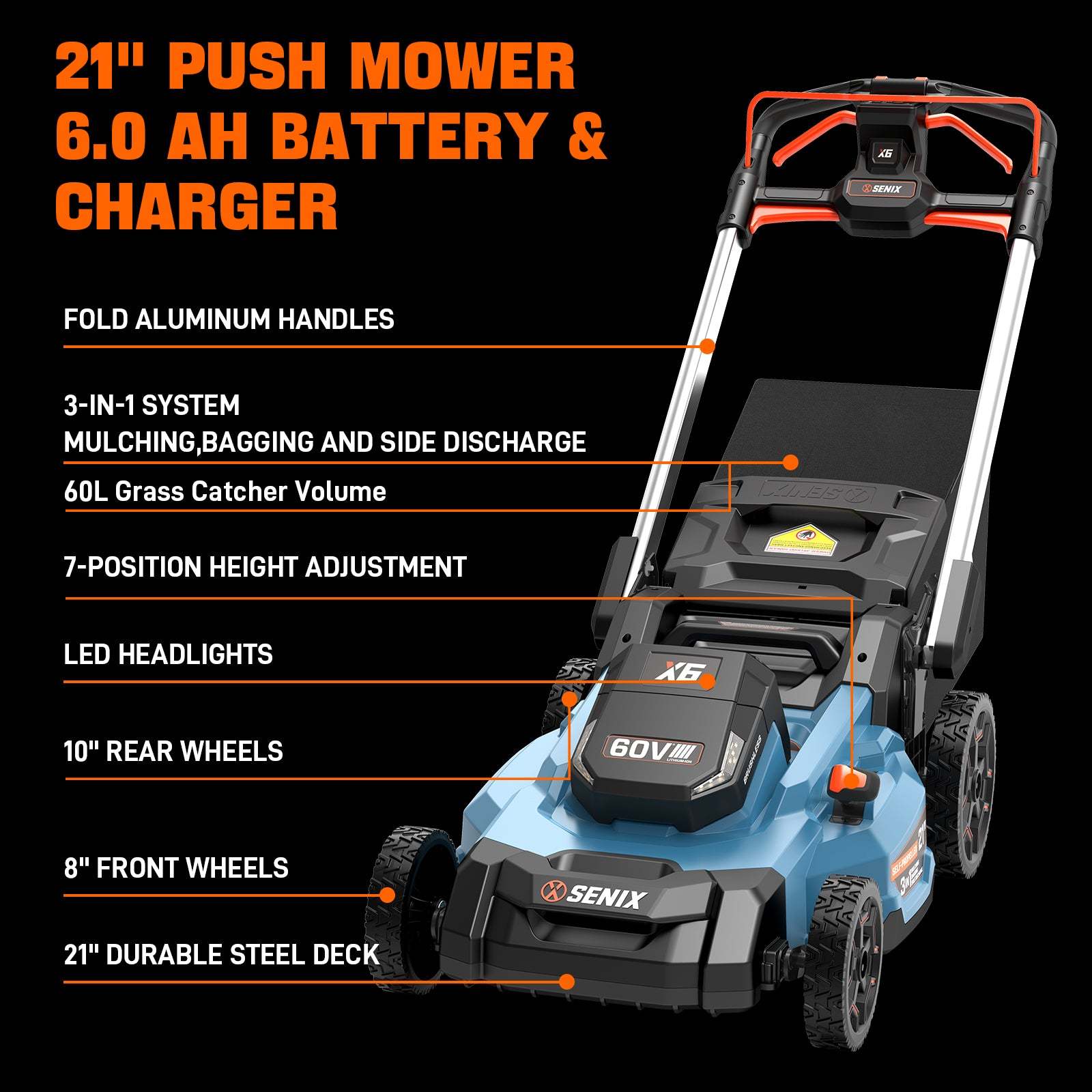 X6 60V Max* 21" Cordless Push Lawn Mower, Brushless (6.0 Ah Battery & | Lawn Mowers | SENIX Tools