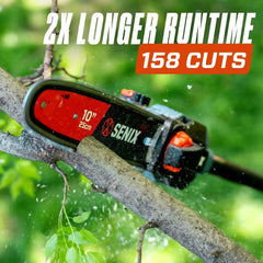 SENIX pole chainsaw cutting through a thick tree limb, featuring promotional text emphasizing 2x longer runtime and 158 cuts.