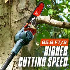Close-up of a SENIX pole saw cutting a tree branch with text overlay highlighting 65.6 feet per second higher cutting speed.