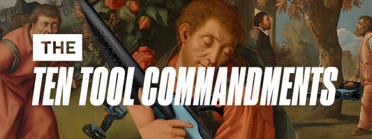 Renaissance-style painting with four men and large bold text overlay reading 'The Ten Tool Commandments' including a power tool graphic