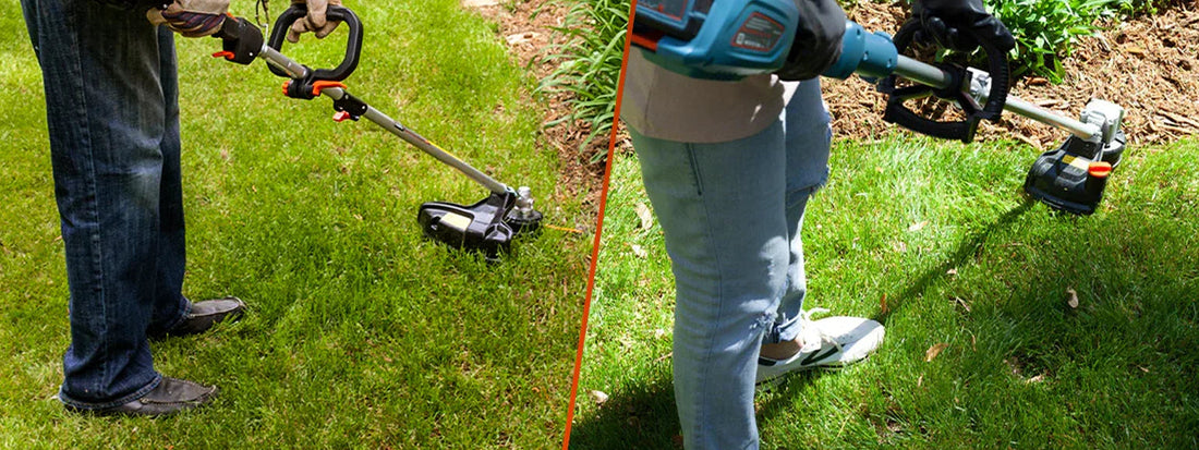 Side-by-side image of two people using grass trimmers to edge green lawns near garden beds