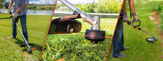 Collage of people using gas and electric string trimmers for lawn edging and grass trimming outdoors