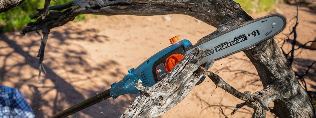 Electric chainsaw cutting through a dry tree branch outdoors on a sunny day