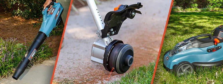 Electric cordless leaf blower, string trimmer cutting grass edge, and electric lawn mower on green lawn