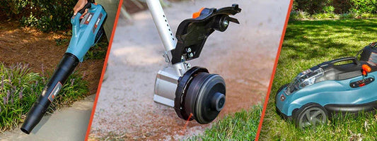 Electric cordless leaf blower, string trimmer cutting grass edge, and electric lawn mower on green lawn