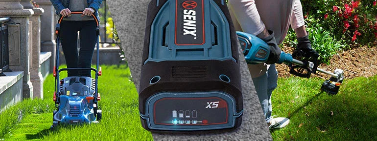 Person using a Senix X5 battery-powered lawn mower and trimmer on green grass near a flower bed