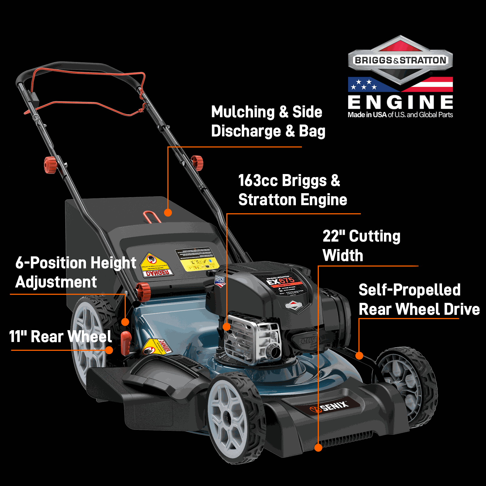 SENIX 22" 163cc Briggs & Stratton Engine Gas Self-Propelled Lawn Mower | SENIX Tools