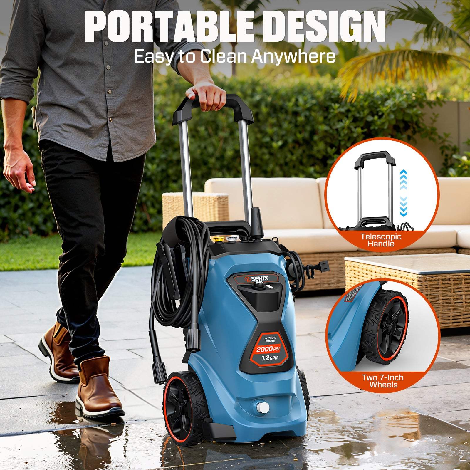 SENIX 2000 PSI Electric Pressure Washer, 1.2 GPM Compact Power Cleaner with 4 Quick-Connect Nozzles