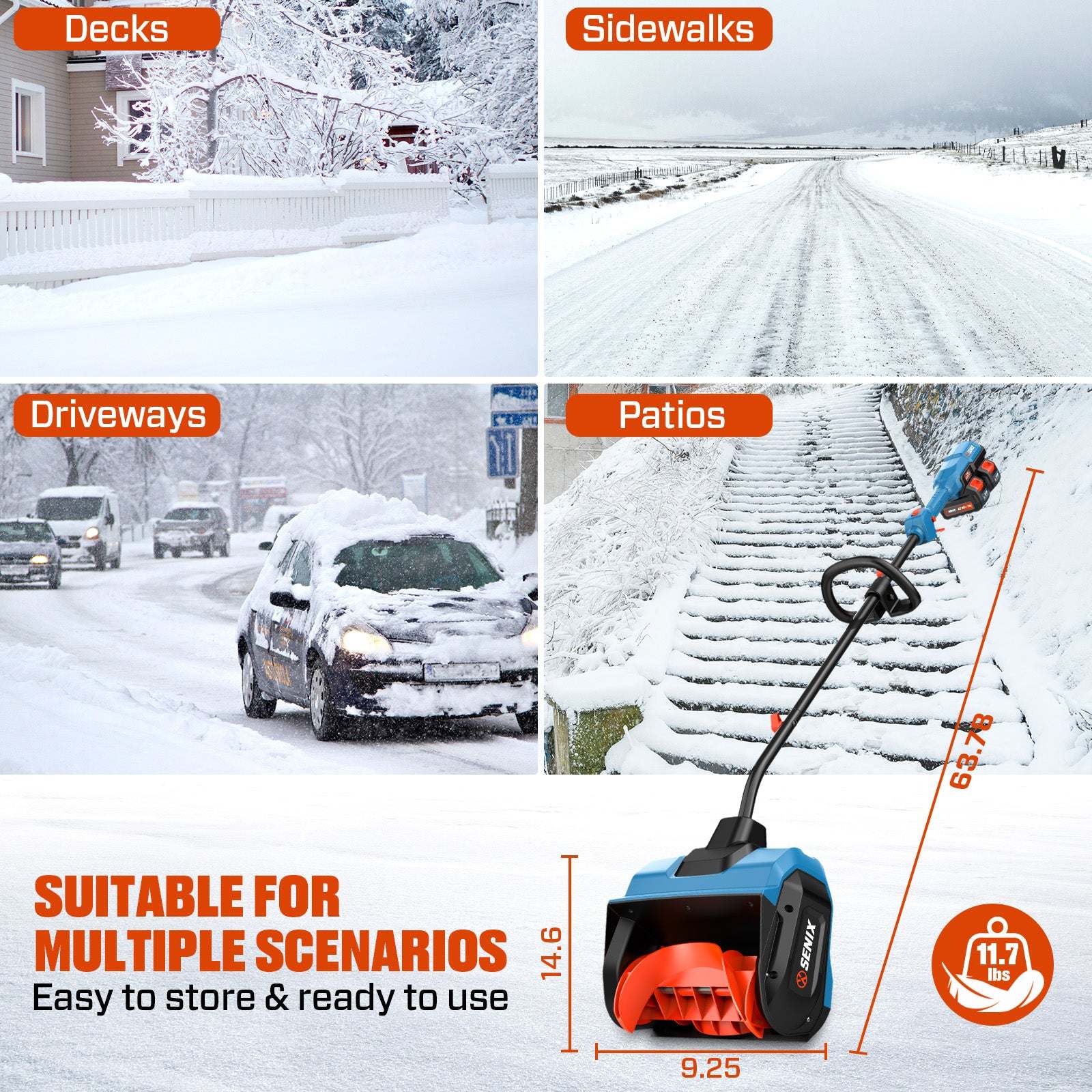 SENIX 2X2 40V Fall & Winter Cleanup Combo Kit – 13" Snow Shovel & 700 CFM Leaf Blower & Short Tube