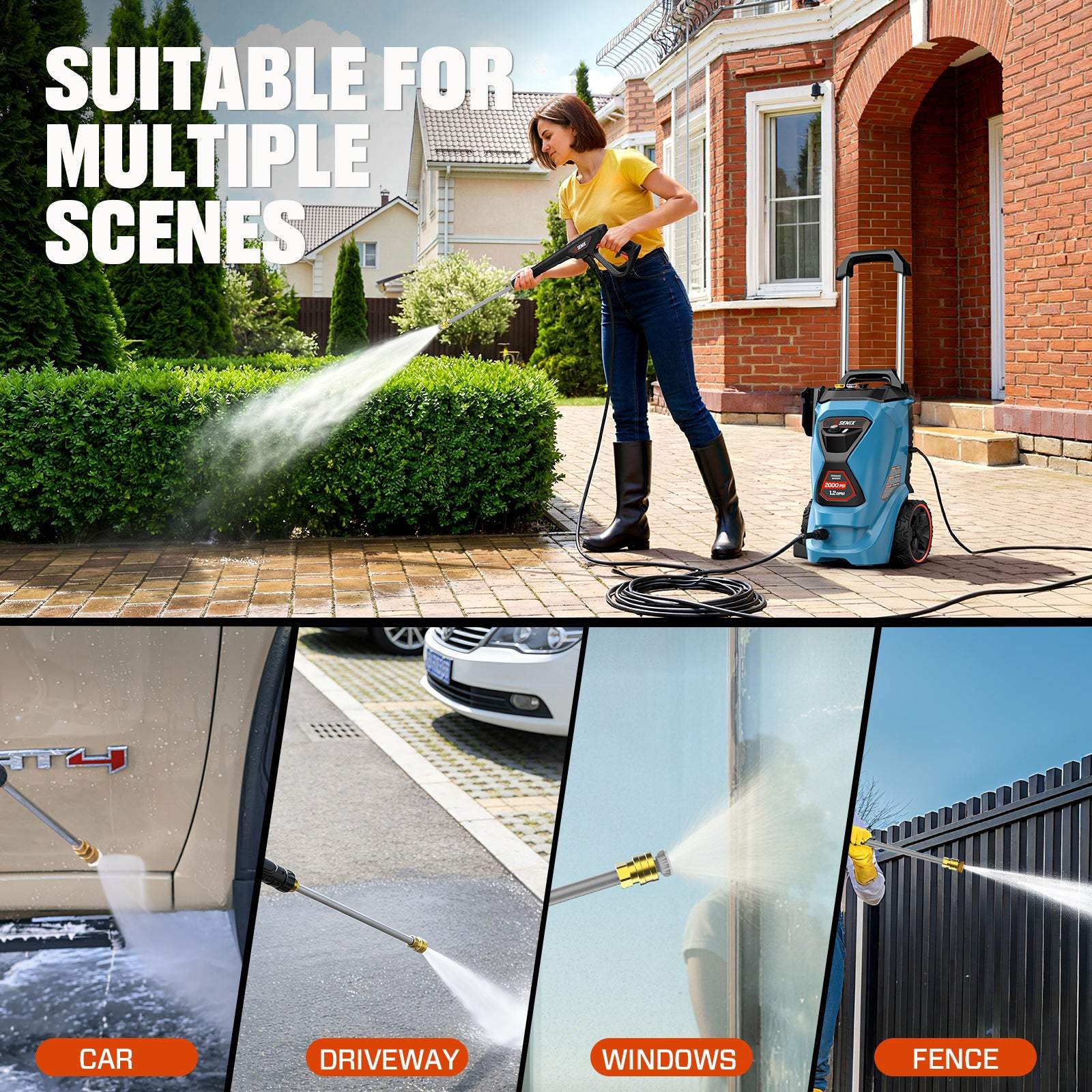 SENIX 2000 PSI Electric Pressure Washer, 1.2 GPM Compact Power Cleaner with 4 Quick-Connect Nozzles
