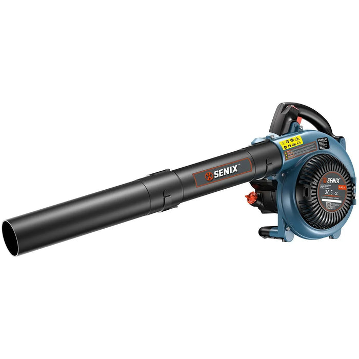 Senix 26.5cc gas-powered handheld leaf blower with black tube and blue motor housing