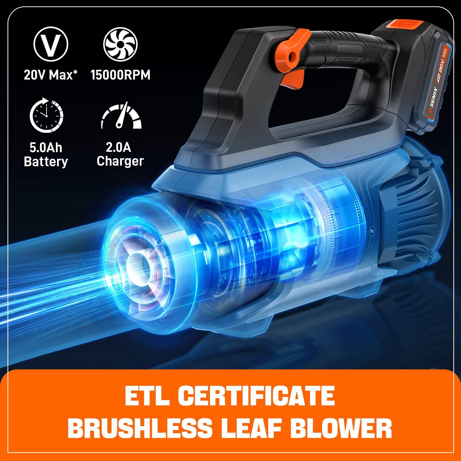 X2 20V Max* Cordless Leaf Blower, Brushless (5.0 Ah Battery & Charger  | Leaf Blowers | X2 20V Max* Cordless Leaf Blower | SENIX Tools