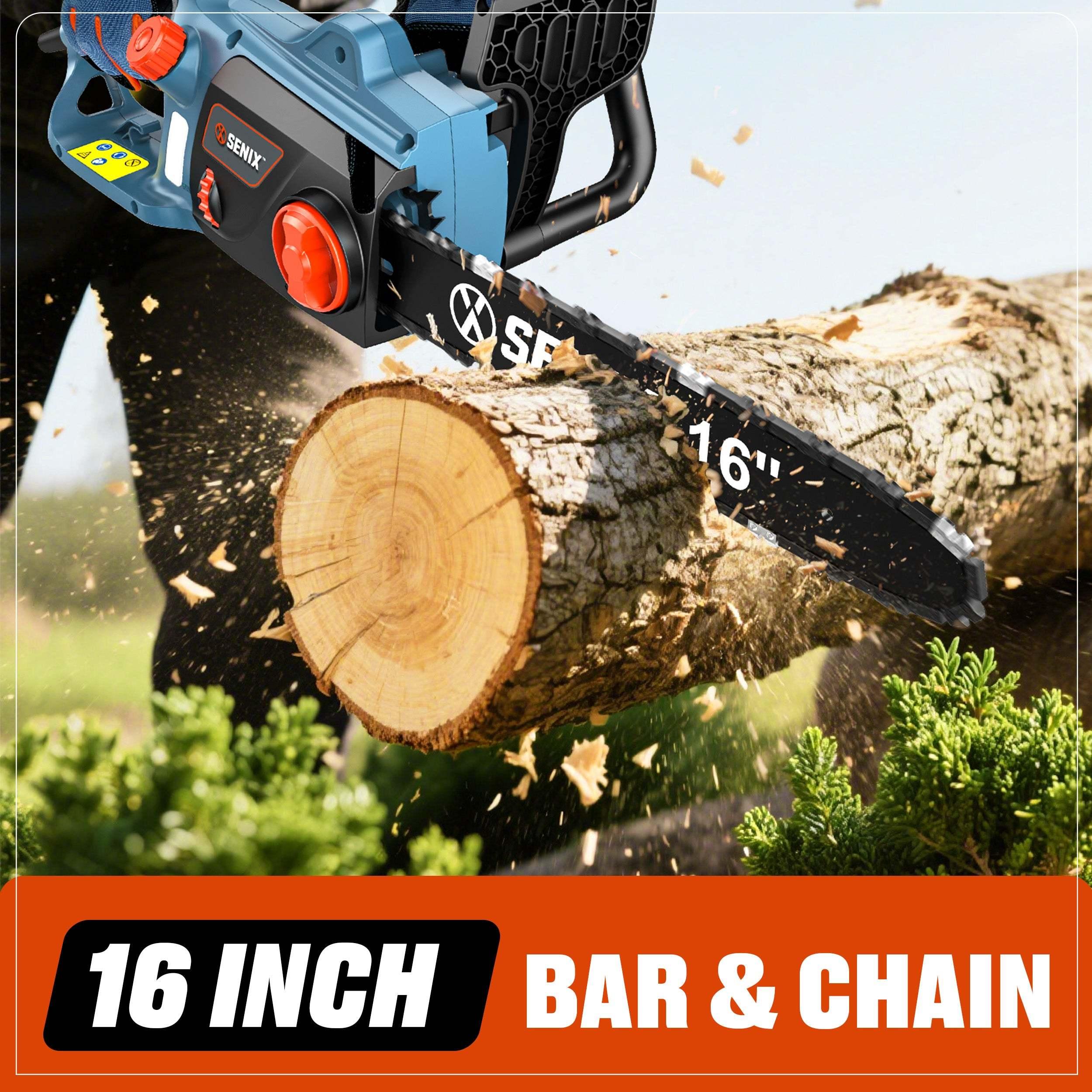 Senix 16-inch chainsaw cutting thick log outdoors with wood chips flying