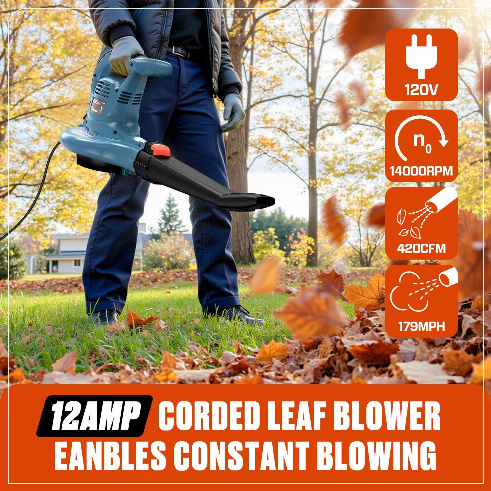 12 Amp Corded Electric 3-in-1 Leaf Blower, Vacuum, and Mulcher