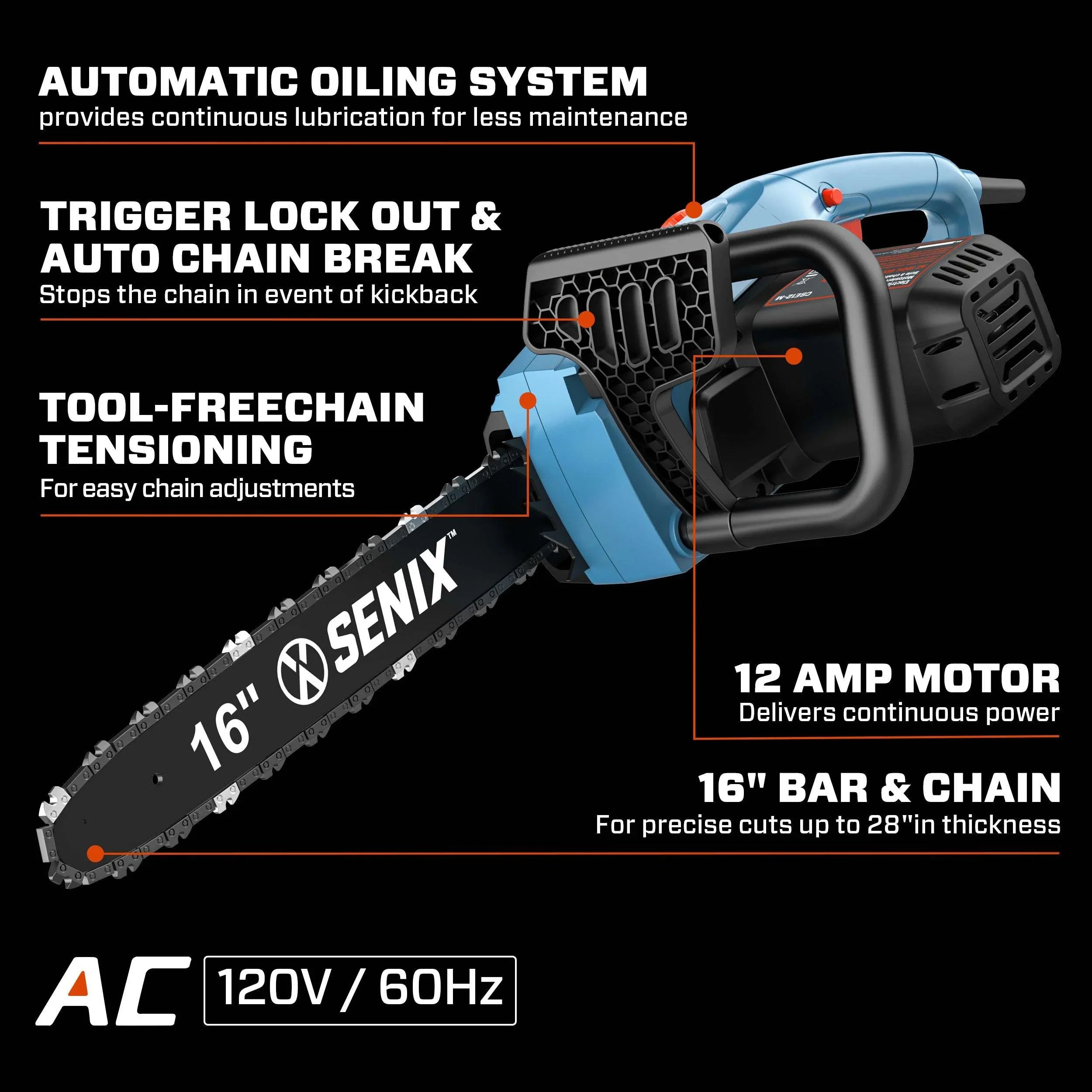 16-inch Senix electric chainsaw with automatic oiling, tool-free chain tensioning, and 12 amp motor