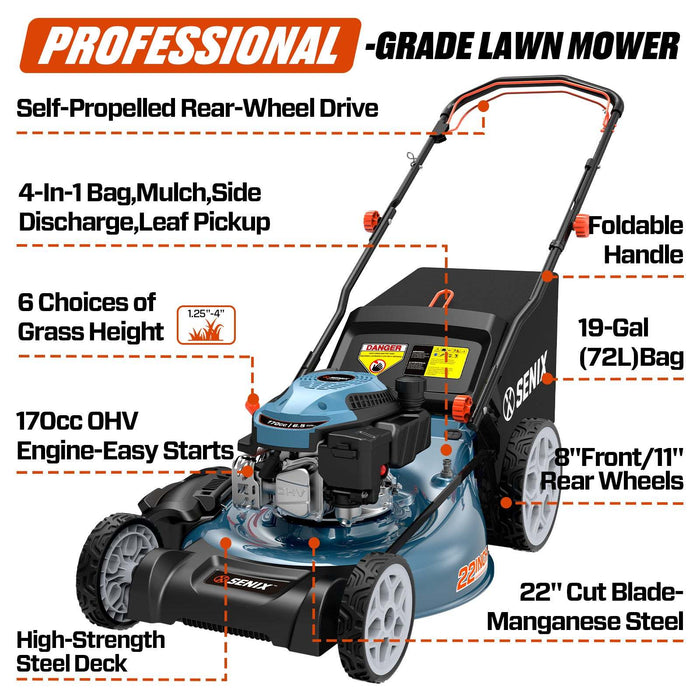 SENIX 22" Self-Propelled Gas Lawn Mower with 170cc OHV 4-Cycle Engine, 3-in-1 Walk-Behind Mower, 6-Position Height Adjustment
