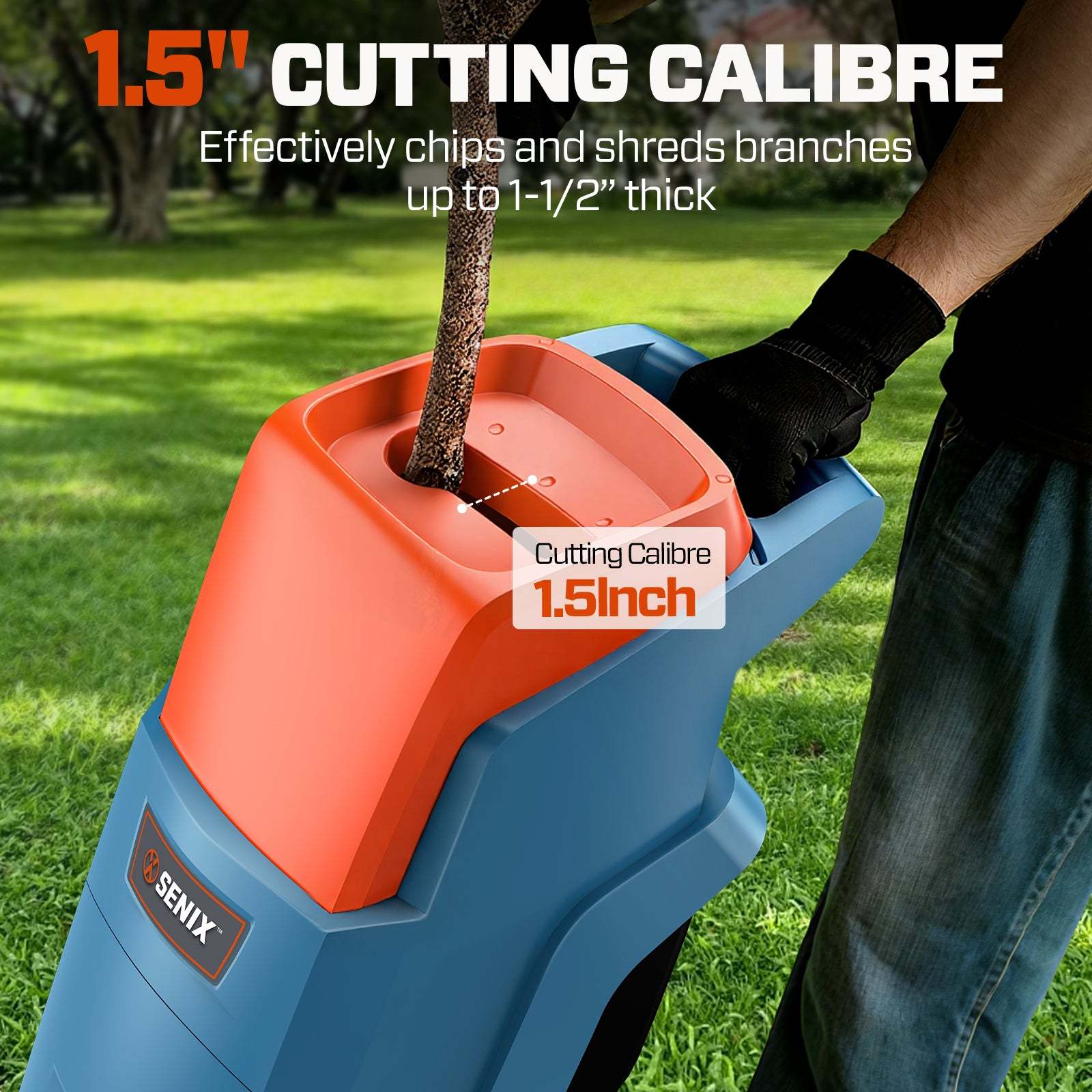 SENIX 15-Amp Electric Chipper Shredder Mulcher with 46L Collection Bag, 1.6" Cutting Capacity, 22:1 Reduction, 4000 RPM Max Speed