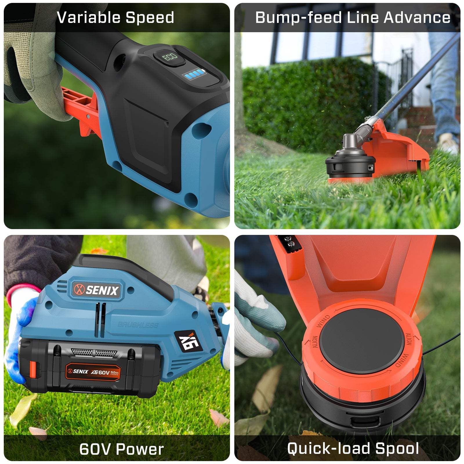 SENIX 60V 16" Cordless Brushless String Trimmer, GTX6-M1