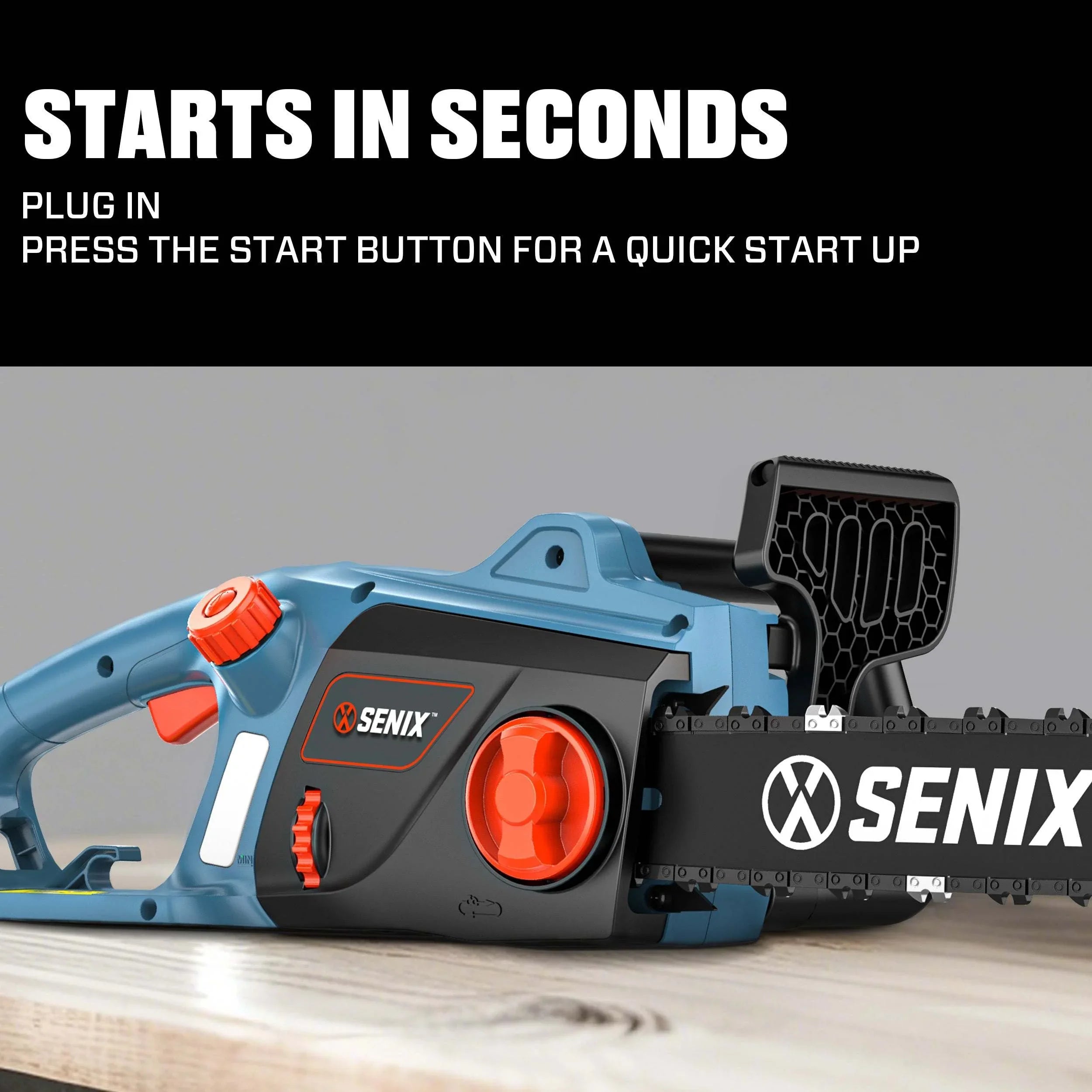 Product photograph of a Senix electric chainsaw in blue and black with orange accents resting on a wooden surface, highlighting the brand logo on the chain bar and an overlay text that reads STARTS IN SECONDS PLUG IN PRESS THE START BUTTON FOR A QUICK START UP