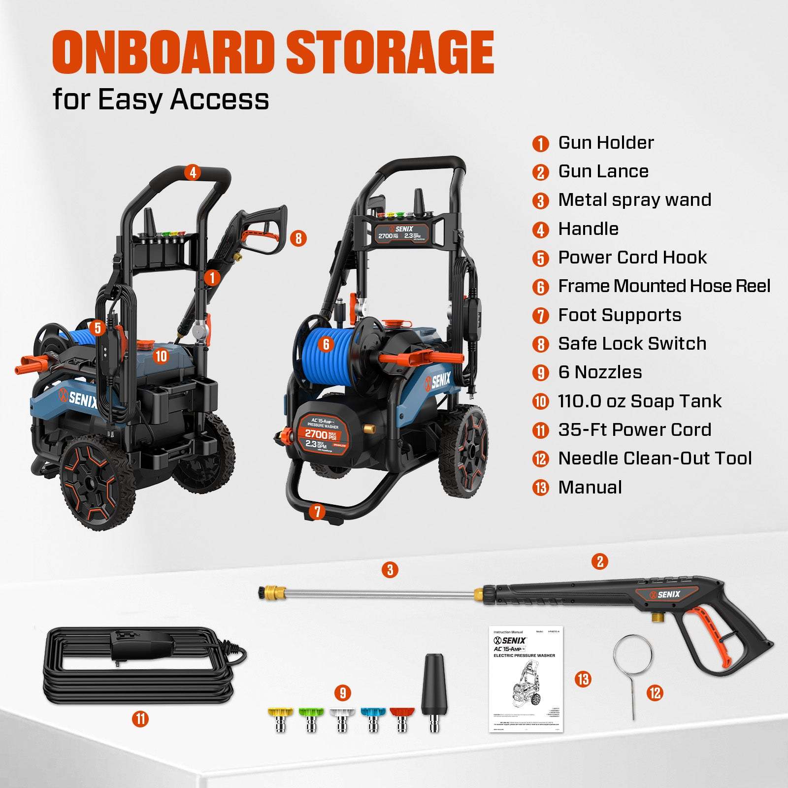 SENIX 2700-PSI 2.3-GPM Cold Water Electric Pressure Washer