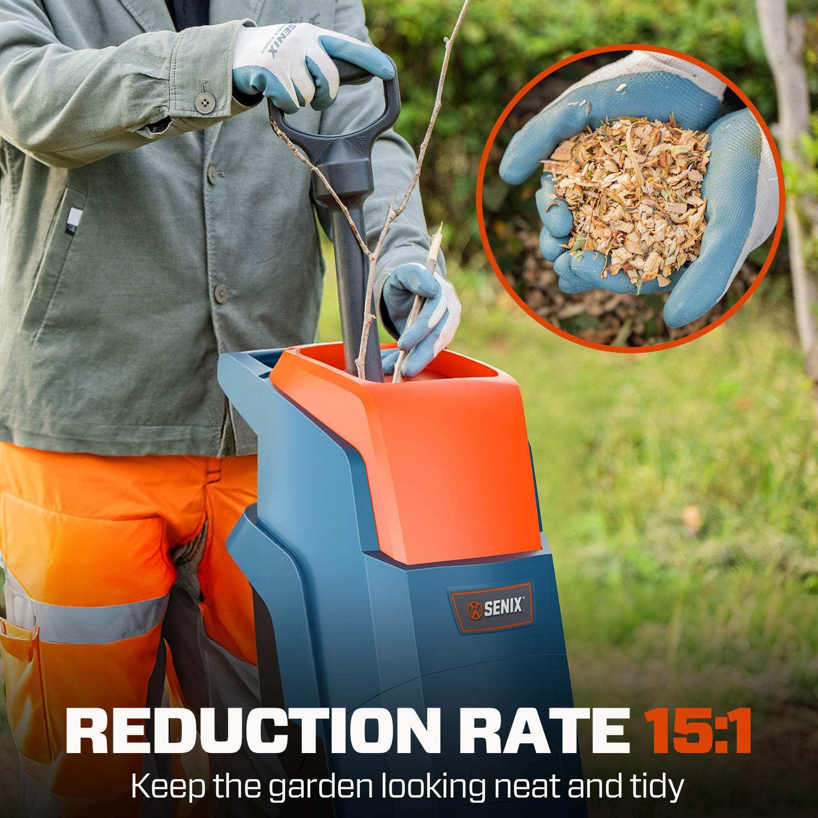 SENIX 15-Amp Electric Chipper Shredder Mulcher with 46L Collection Bag, 1.6" Cutting Capacity, 22:1 Reduction, 4000 RPM Max Speed