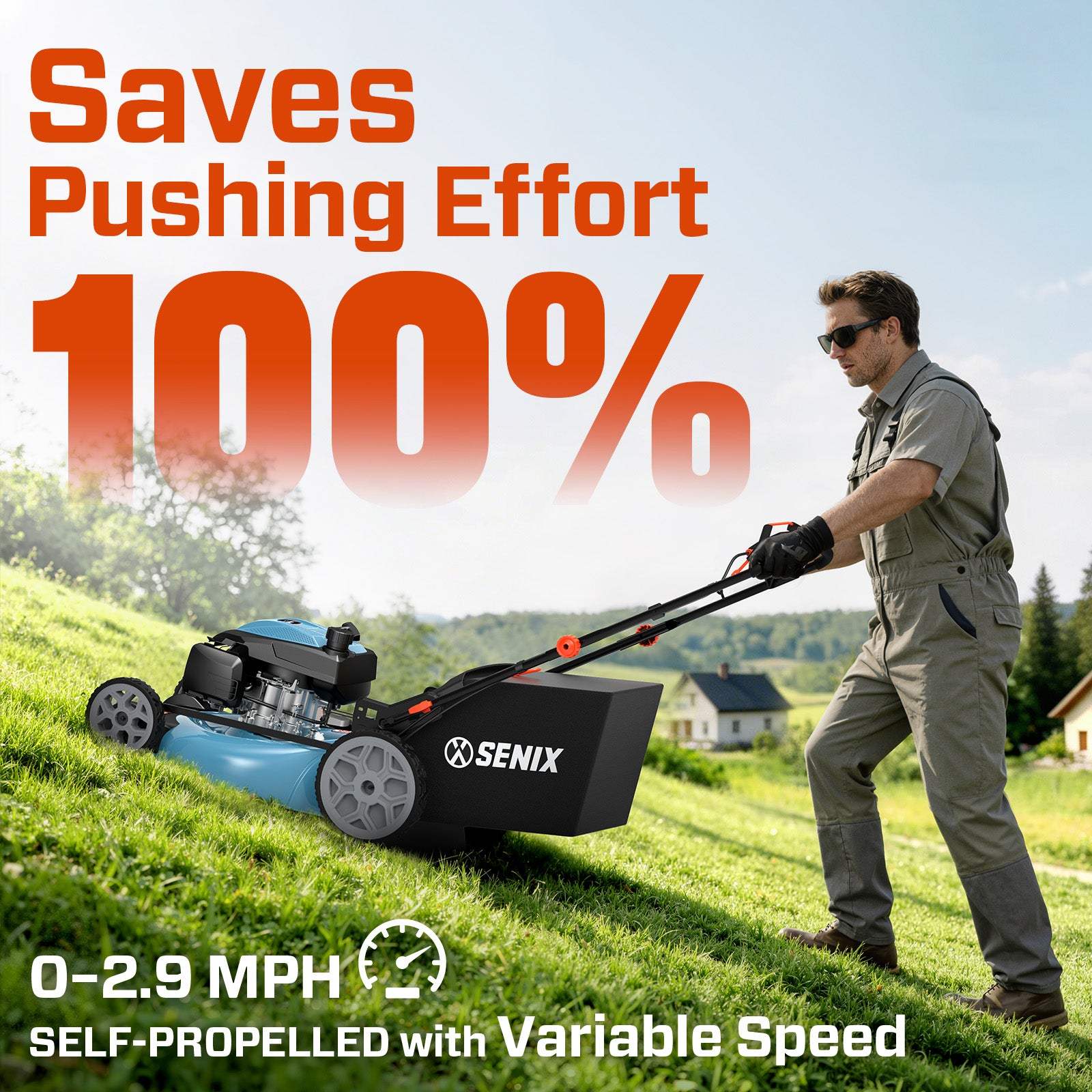 SENIX 22" Self-Propelled Gas Lawn Mower with Variable Speed, 201cc 4-Cycle RATO RV200Pro Engine, 3-in-1 Cutting System, 6-Position Height Adjustment