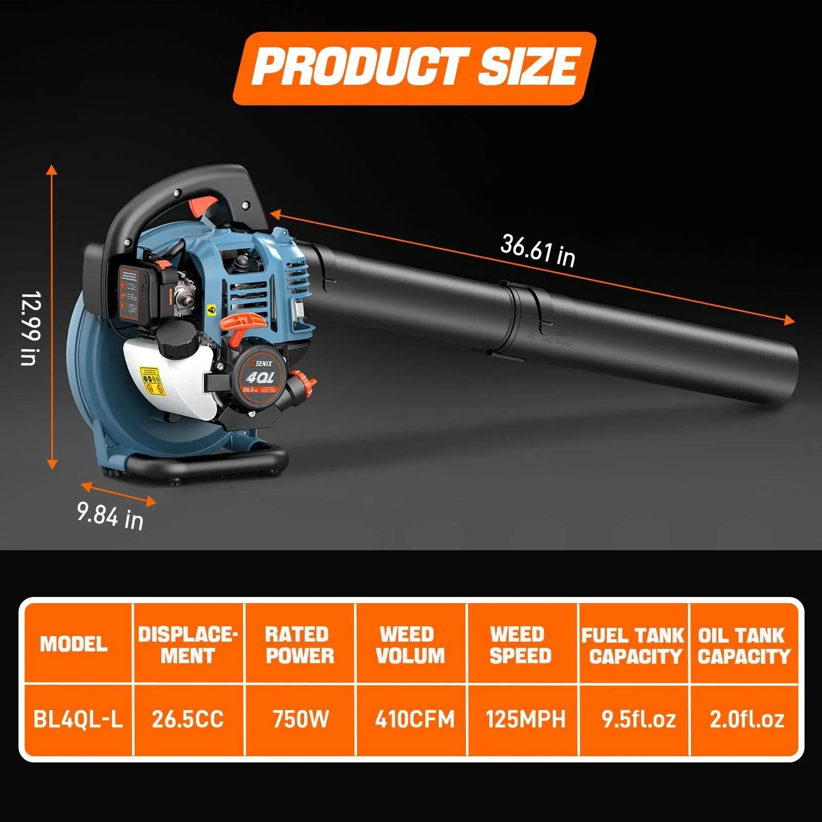 Blue and black gas-powered leaf blower with 26.5CC engine, 36.61 in length, 750W power