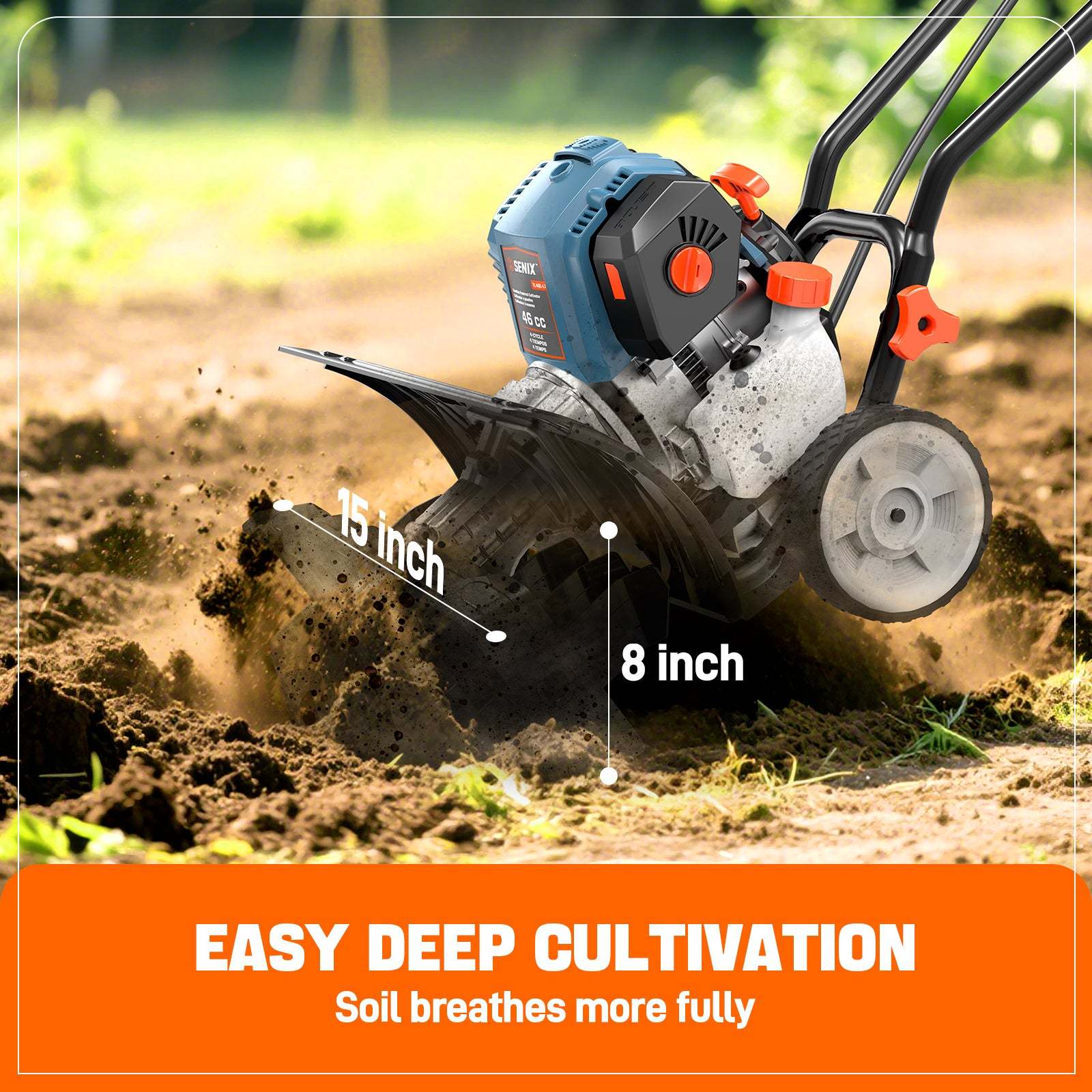 4QL® 46cc 4-Cycle Gas Tiller Cultivator | Cultivators | 4QL® 46 cc 4-Cycle Gas Powered Tiller Cultivator | SENIX Tools
