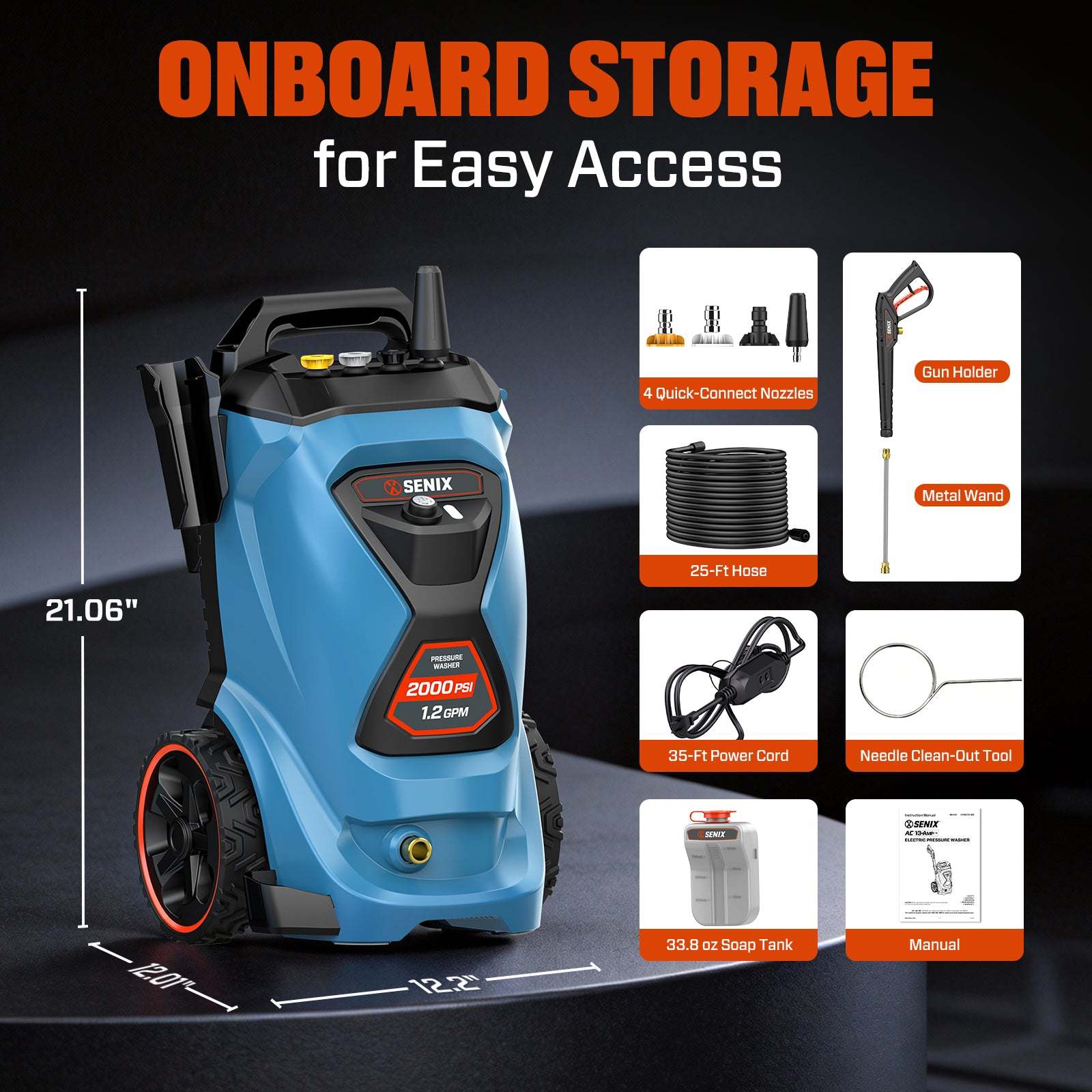 SENIX 2000 PSI Electric Pressure Washer, 1.2 GPM Compact Power Cleaner with 4 Quick-Connect Nozzles