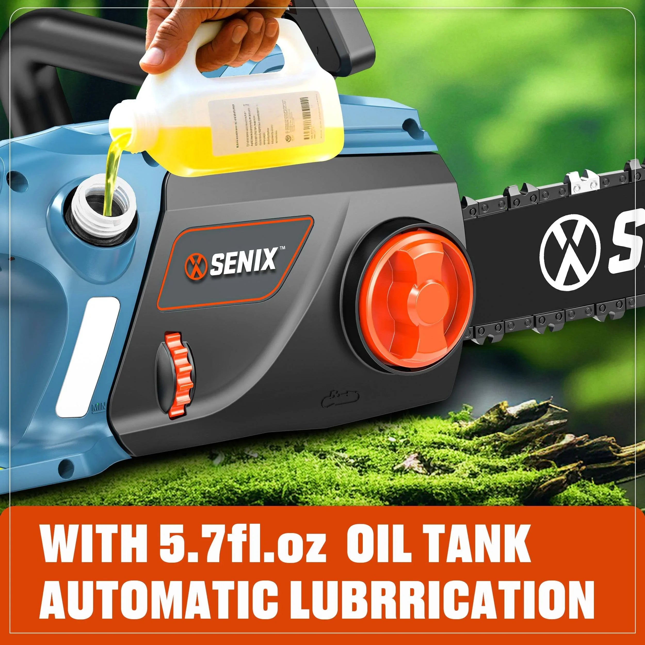 Product photo of a hand pouring yellow oil into the blue and black SENIX chainsaw's oil tank featuring bright orange components and bold text "WITH 5.7fl.oz OIL TANK AUTOMATIC LUBRICATION" against a green mossy background