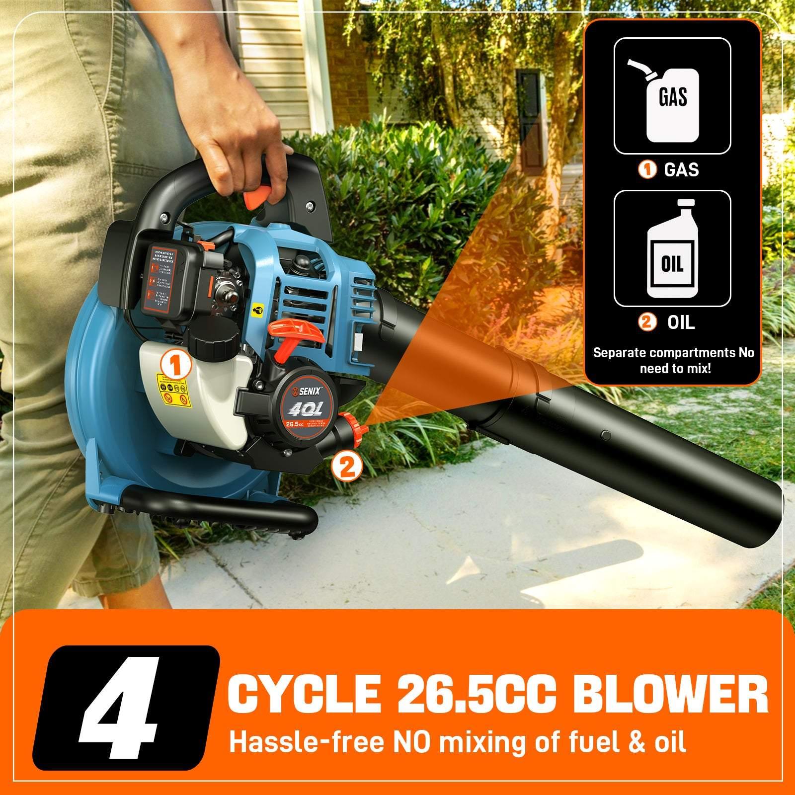 Person holding blue Senix 4-cycle 26.5cc gas-powered leaf blower with separate gas and oil compartments