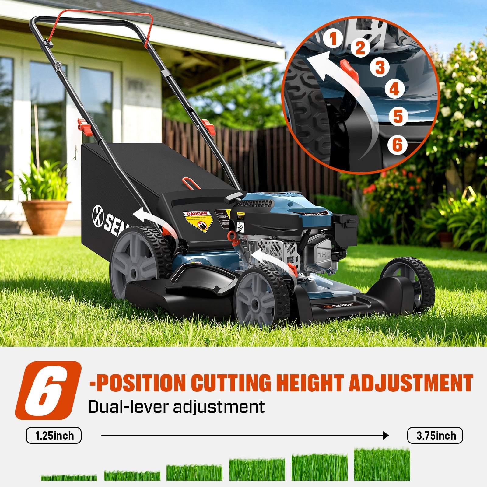 21'' 144 cc Gas-Powered 4-Stroke Engine Push Lawn Mower, 3-in-1 Design, Steel Deck, 6-Level 1.25''-3.75'' Cutting Height, with 1.7 Bushels Grass Bag LSPG-M14