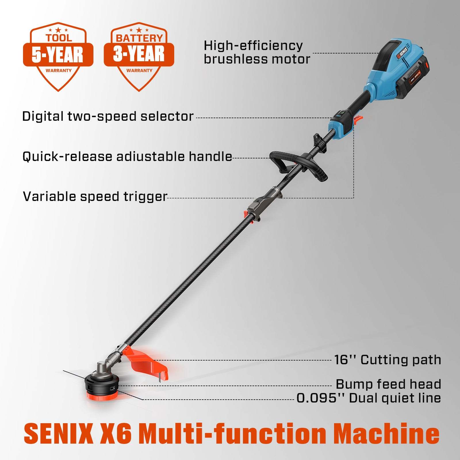 SENIX 60V 16" Cordless Brushless String Trimmer, GTX6-M1