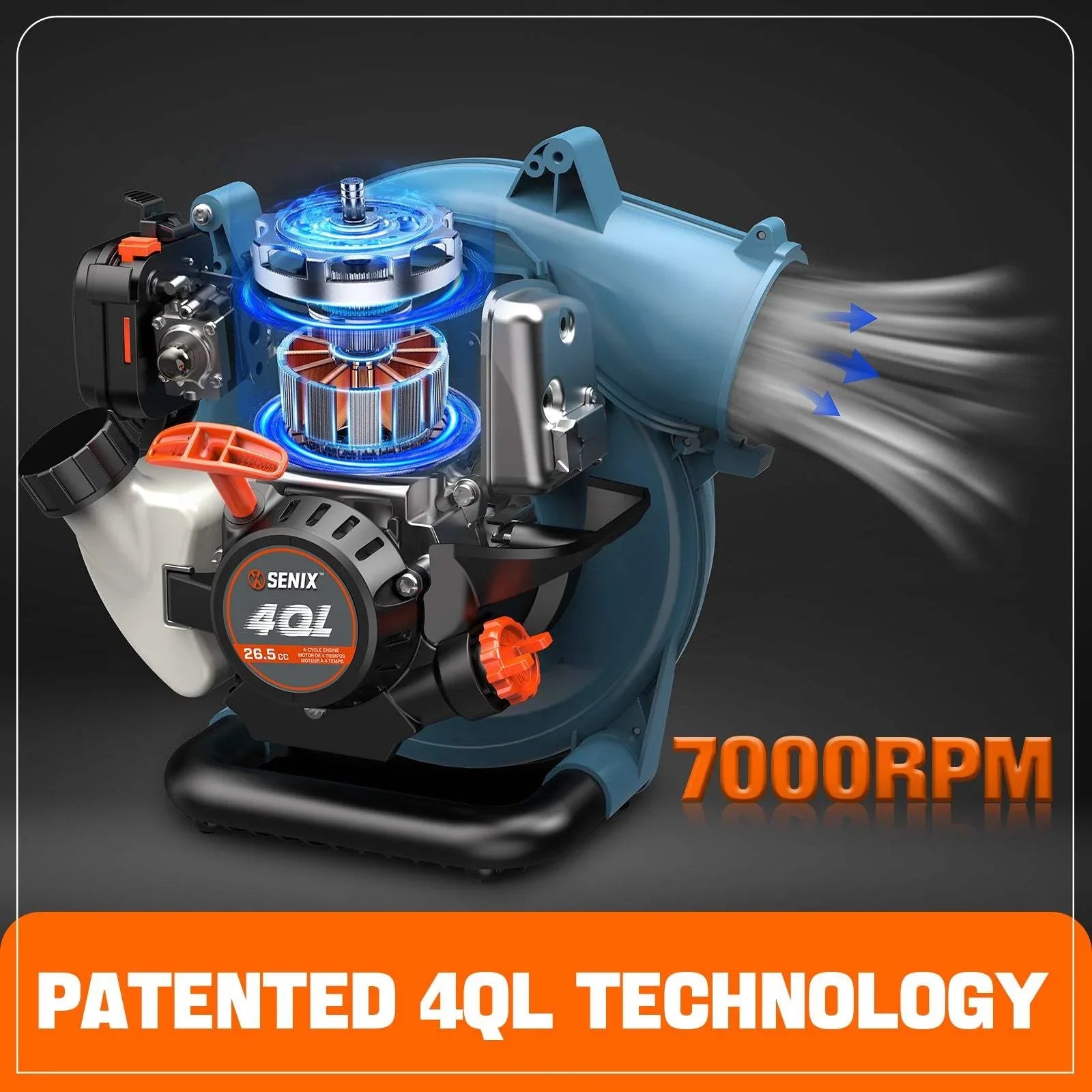 Senix 4QL 26.5cc leaf blower with patented technology operating at 7000 RPM showing airflow and internal motor components