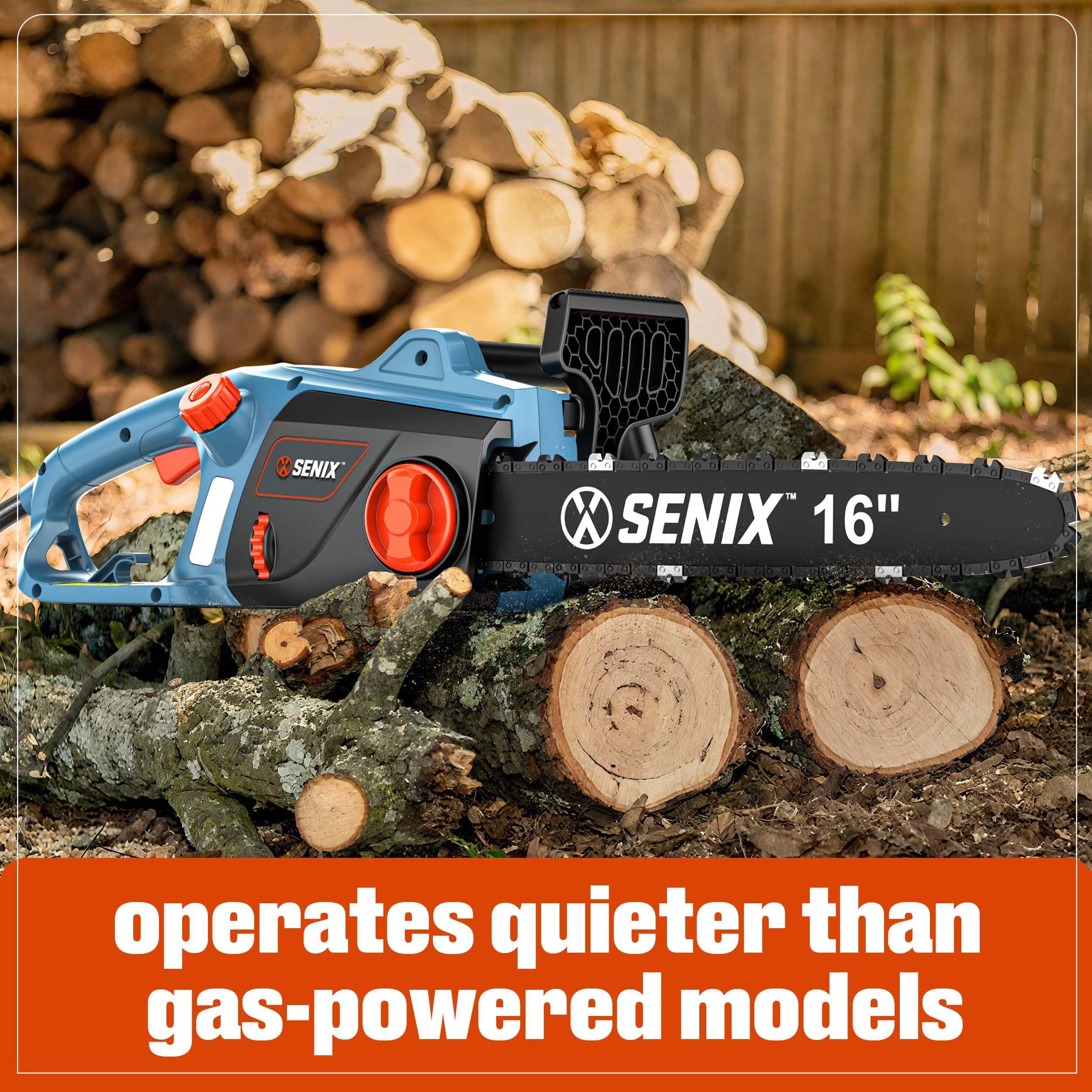 Senix 16-inch electric chainsaw on cut logs with woodpile background, quiet operation text
