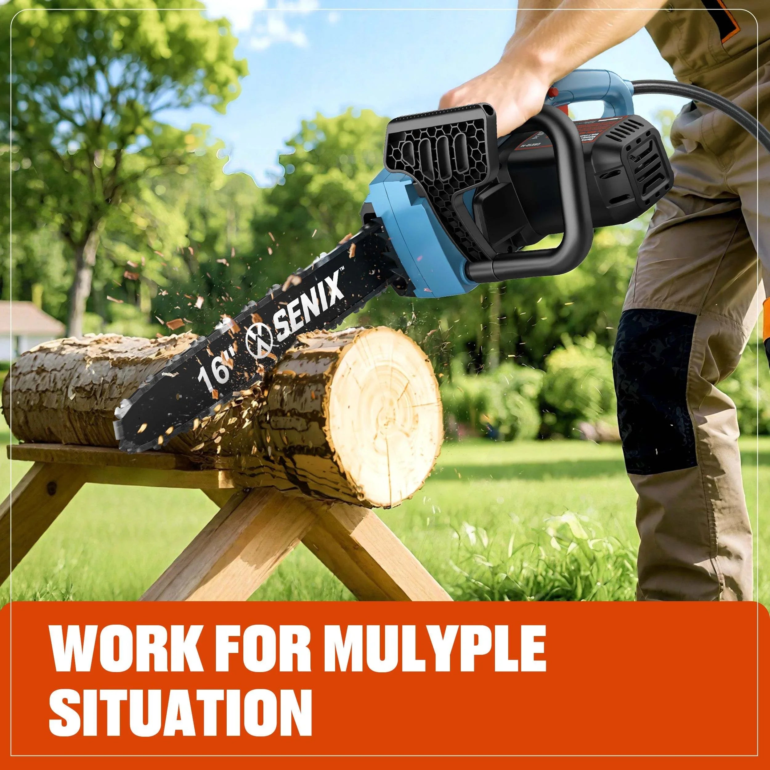 Person operating a blue and black SENIX 16-inch chainsaw to cut a log on a wooden sawhorse in a sunny grassy yard with wood shavings flying