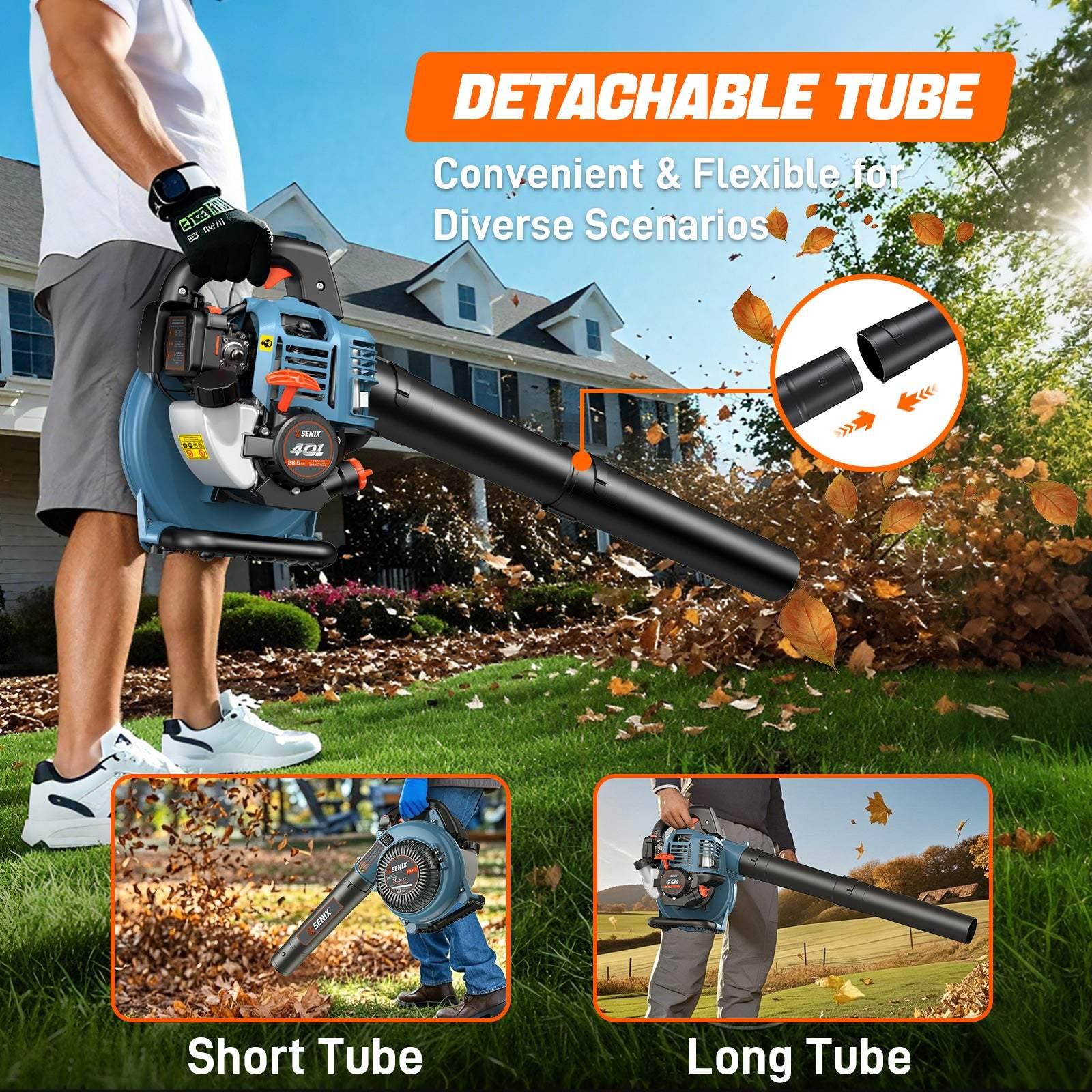 Person using SENIX 40.1 gas-powered leaf blower with detachable tube in short and long options outdoors