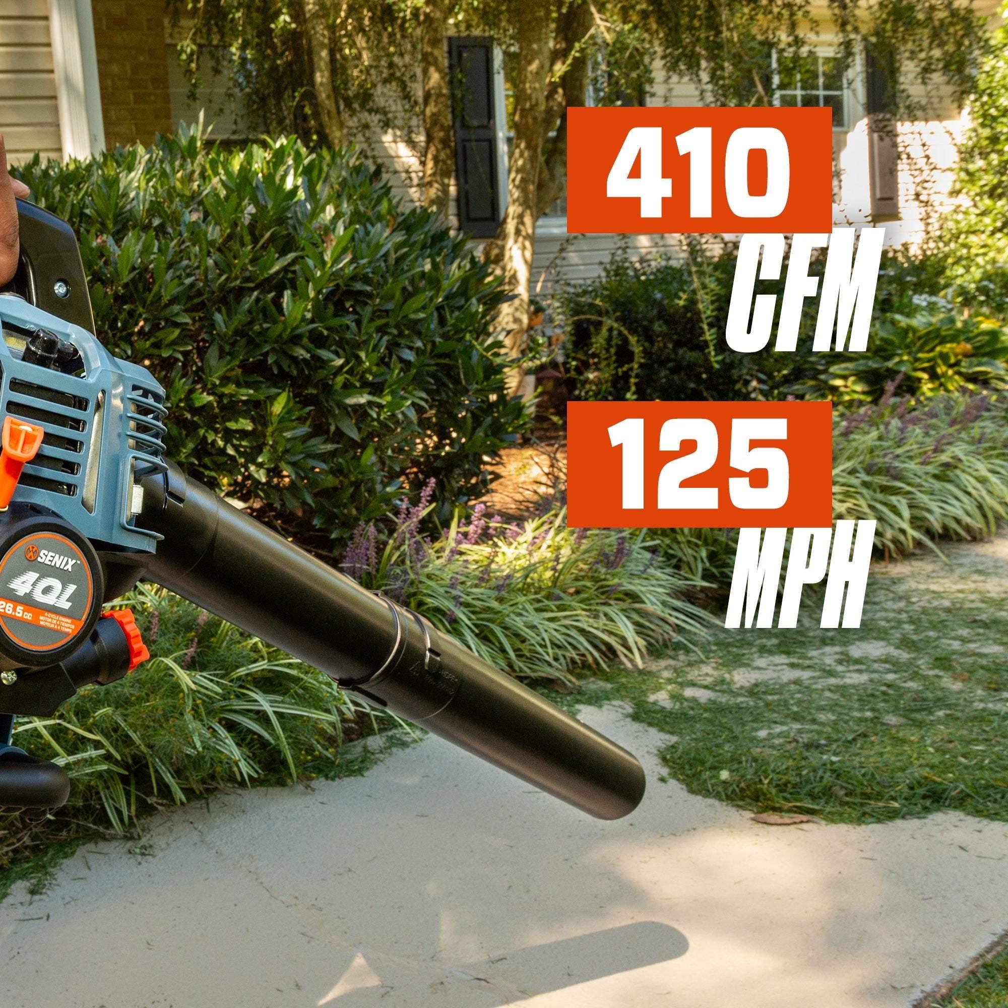 Person using Senix 40L leaf blower in garden with 410 CFM airflow and 125 MPH speed