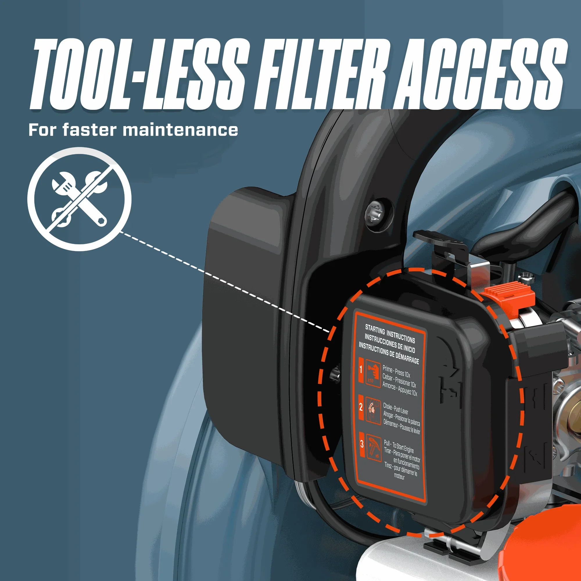 Close-up of tool-less air filter access on blue machine for faster maintenance