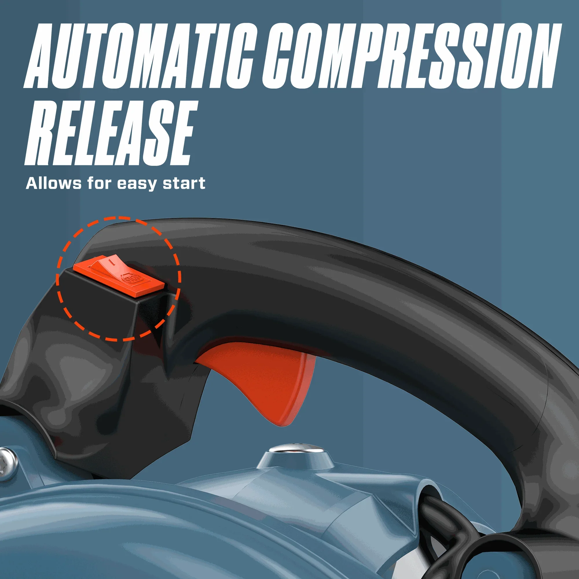 Close-up of a blue power tool handle with automatic compression release button for easy start