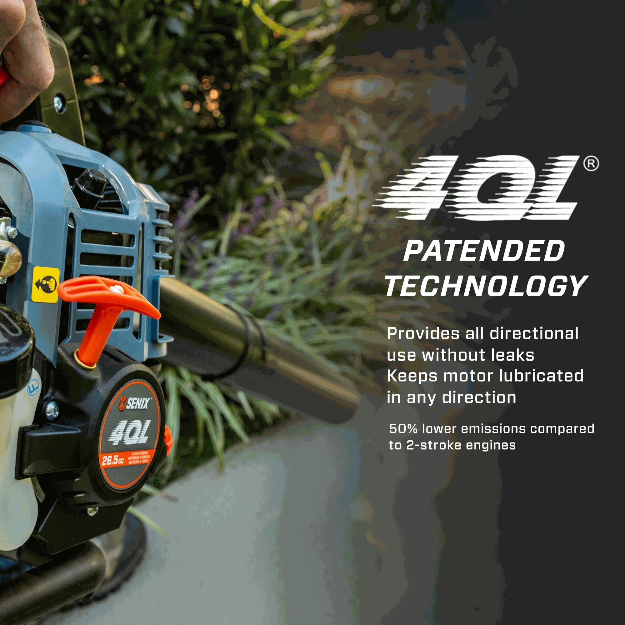 Senix 4QL 26.5cc blower showing patented technology for all directional use and low emissions