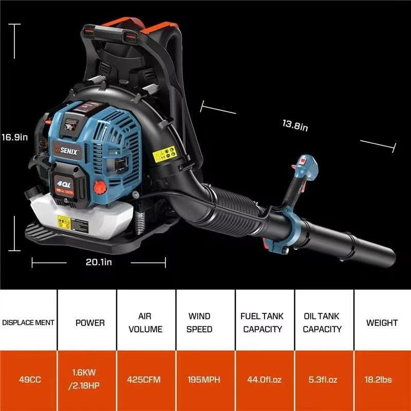 Senix backpack leaf blower with dimensions and specifications on a black background