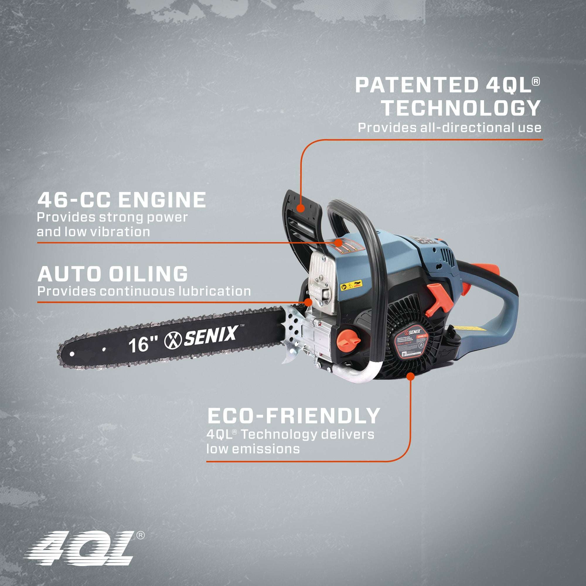 4QL® 46cc 4-Cycle 16" Gas Chainsaw with Oregon Bar and Chain | Chainsaws | SENIX Tools