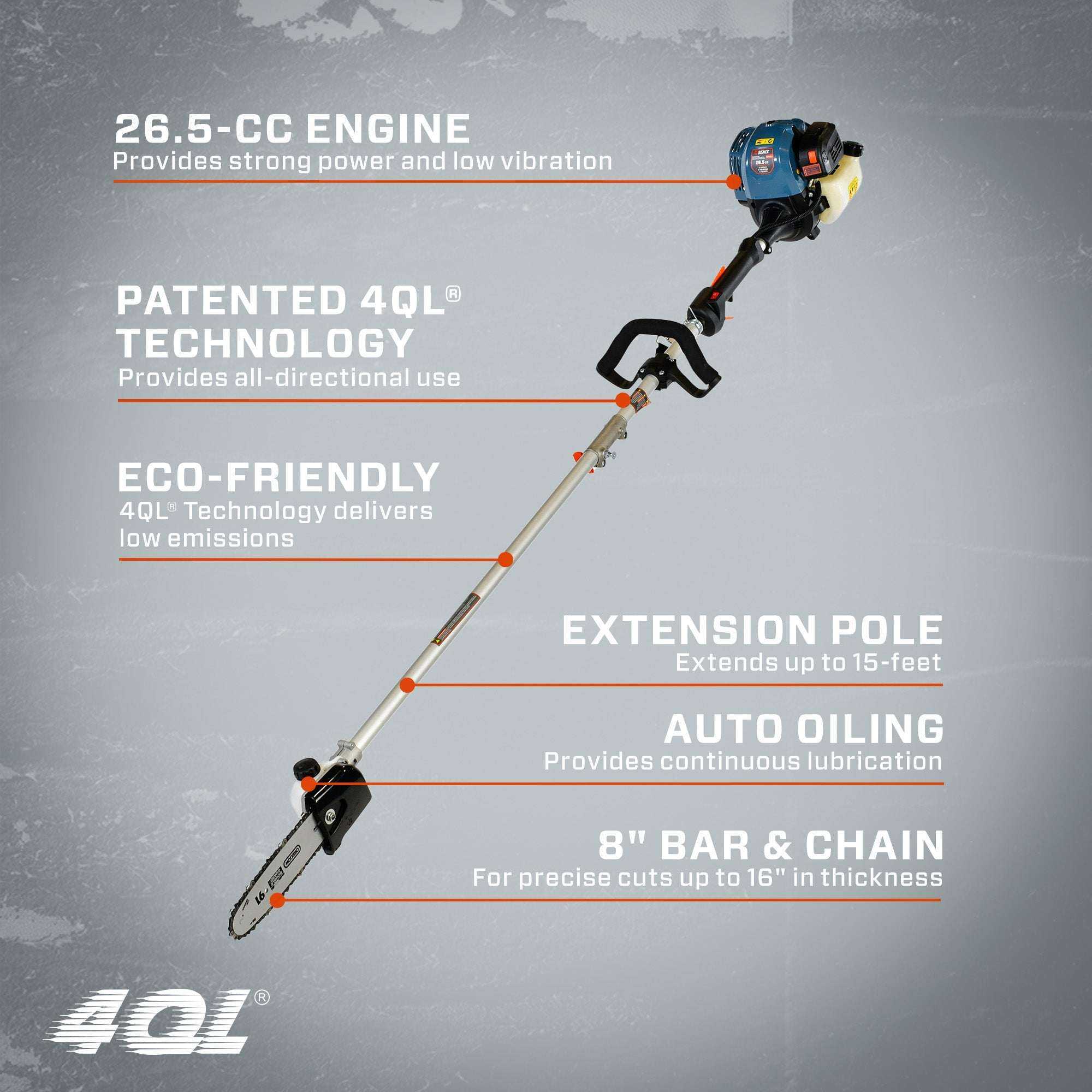 4QL® 26.5cc 4-Cycle 8" Gas Pole Saw with Oregon Bar and Chain | Chainsaws | SENIX Tools
