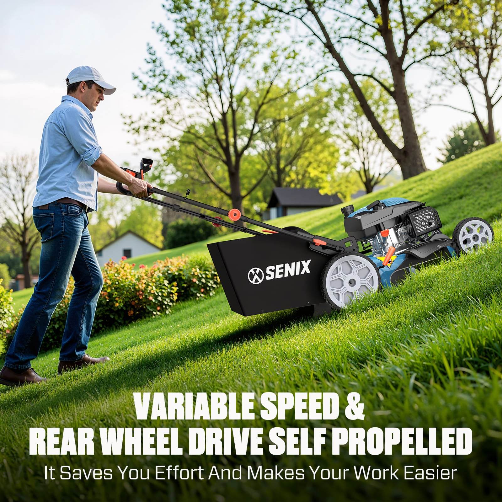 22" 201cc Gas Lawn Mower, Variable Speed Rear Wheel Self-Propelled Mower, 3-in-1 Mulching, Bagging, Discharging