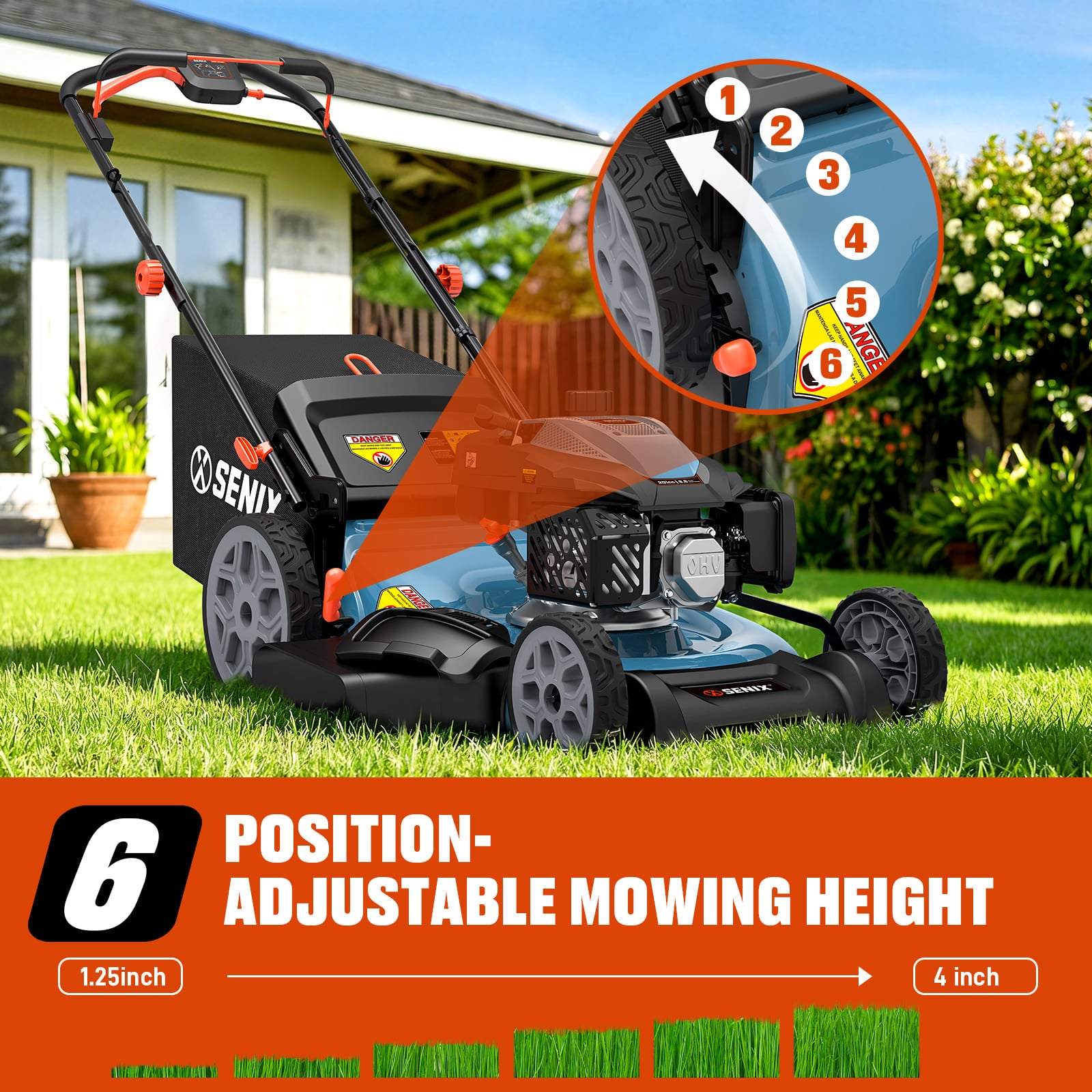 22" 201cc Gas Lawn Mower, Variable Speed Rear Wheel Self-Propelled Mower, 3-in-1 Mulching, Bagging, Discharging